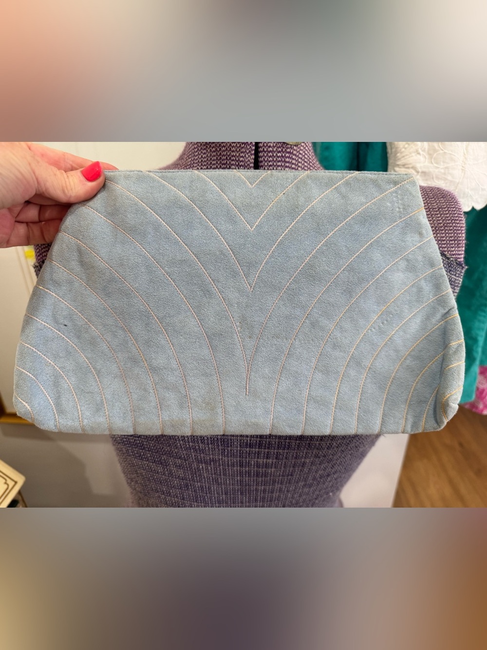 Vintage Reva Light Blue Suede Clutch with Curved Stitch Detail